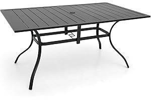 Virvla Patio Dining Table Outdoor Steel Rectangular Table with Umbrella Hole 63" x 38" x 28" - Black