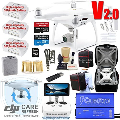 DJI Phantom 4 PRO Plus V2.0 (PRO+ V2) Drone Quadcopter (Remote W/Touch Screen Display) Bundle Kit with DJI Care Refresh Accidental Coverage, 3 Batteries, 4K Camera Gimbal and Must Have Accessories