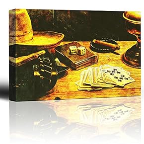 Cowboy Gambler - Cigar Smoking in Ashtray - Deck of Cards and Pair of dice - Gunbelt hat and Gloves - Canvas Art Home Art - 12x18 inches