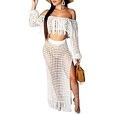 ECHOINE Women Sexy Two Piece Skirt Set - Tassel Hollow Out Off Shoulder High Split Cover Up Bikini Beach Dresses