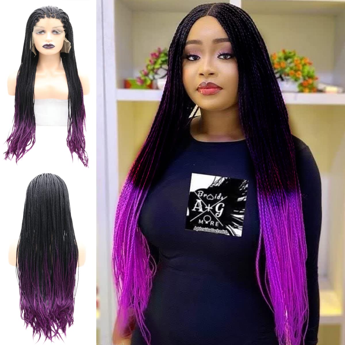 Purple Braided Wigs for Black Women Long Ombre Dark Purple Box Braid Wig Synthetic Heat Resistant Fiber Real Hair Wigs Cornrow Braided Wig Coloure Cosplay Costume Daily Drag Queen 26 Inches