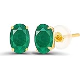 Solid 14K Yellow Gold 6x4mm Oval Natural Green Emerald May Birthstone Genuine Stud Earrings For Women