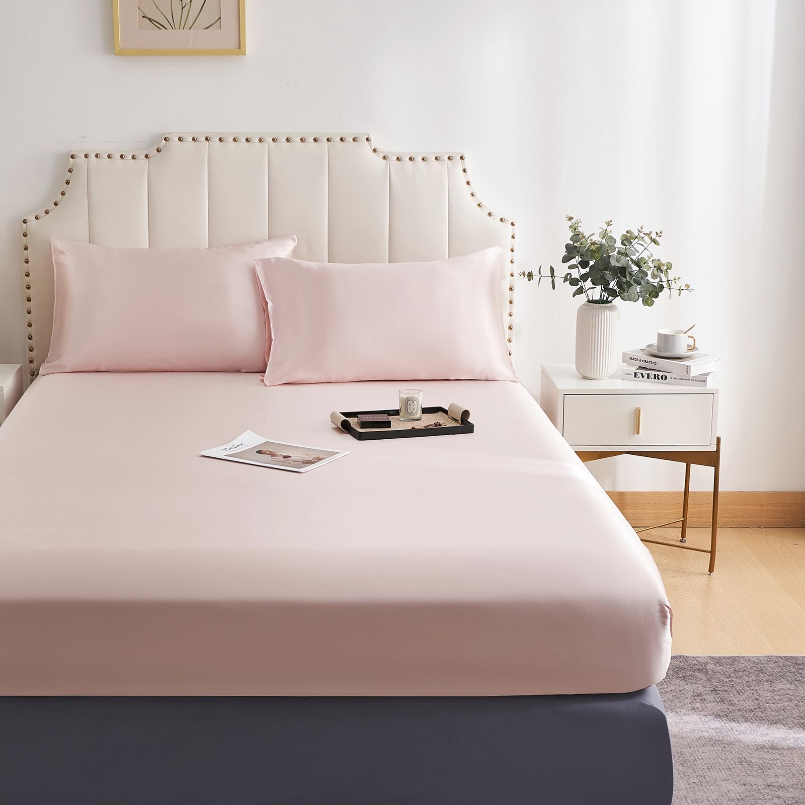 DuShow Satin Fitted Sheet Small Double 4ft,Deep Pocket Small Double Silky Bed Sheet,Soft Bottom Sheet Brush Pink 122x190cm