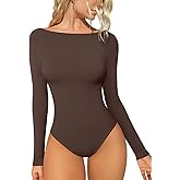 OQQ Bodysuits for Women Boatneck Long Sleeve Basic Stretch Classic-Fit Tops Sexy Bodysuit