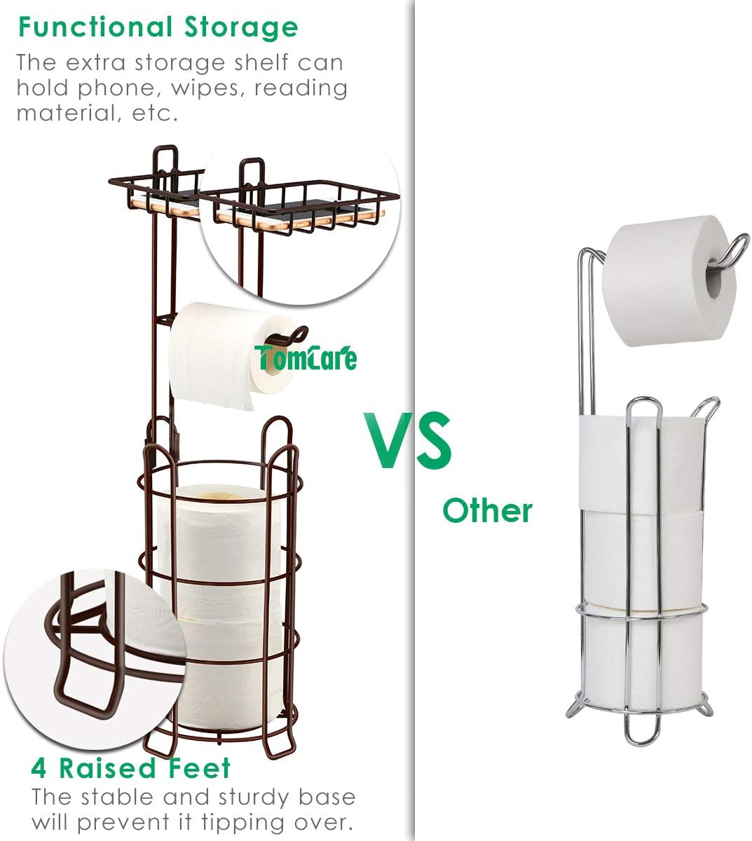 TomCare Toilet Paper Holder Toilet Paper Stand 4 Raised Feet Bathroom Accessories Portable Tissue Paper Dispenser Reserve Free Standing Toilet Paper Roll Storage Shelf Bathroom Bronze: Home & Kitchen