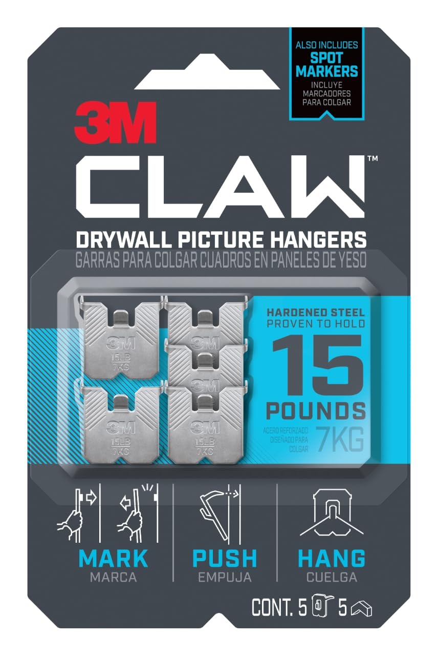 Photo 1 of 3M CLAW 15 lb. Drywall Picture Hanger with Spot Markers, Heavyweight Hanging Solution for Room Decor and Office Decor, Including Mirrors or Large Art – 5 Pack