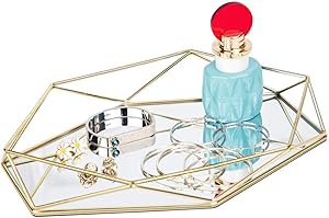 FLY SPRAY Ornate Tray Makeup Jewelry Organizer Metal Brass Mirrored Glass Tray Luxury Gold Hexagonal Desktop Simple Style Cosmetic Jewelry Box Vanity Home Décor, Perfume Plate Wedding Gifts