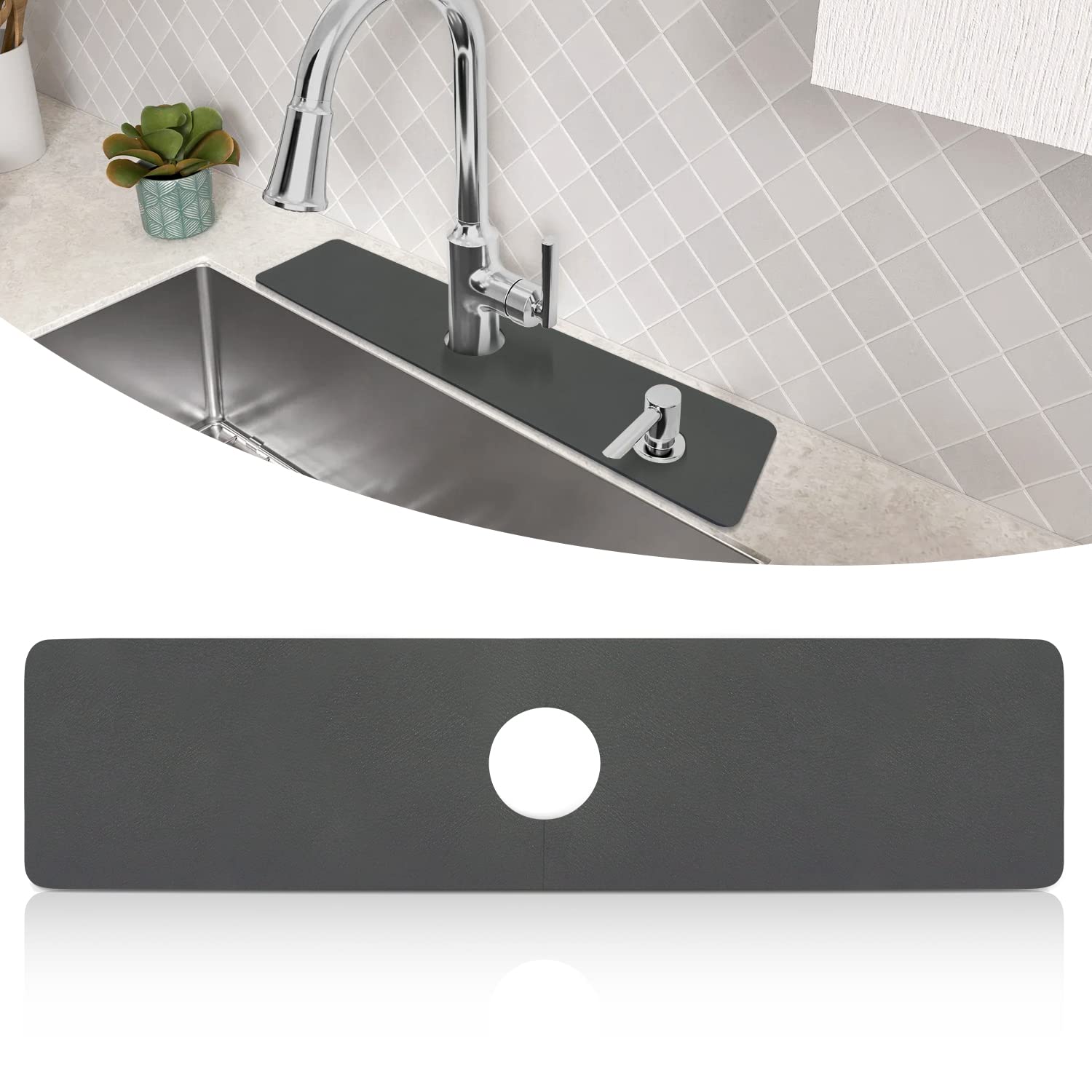 Photo 1 of LOPNUR Faucet Mat for Kitchen Sink Protectors, 24 Inch Long Kitchen Sink Splash Guard Behind Faucet, Cuttable Bathroom Water Splash Guard with Super Absorbent Diatomite Fast Drying, Gray