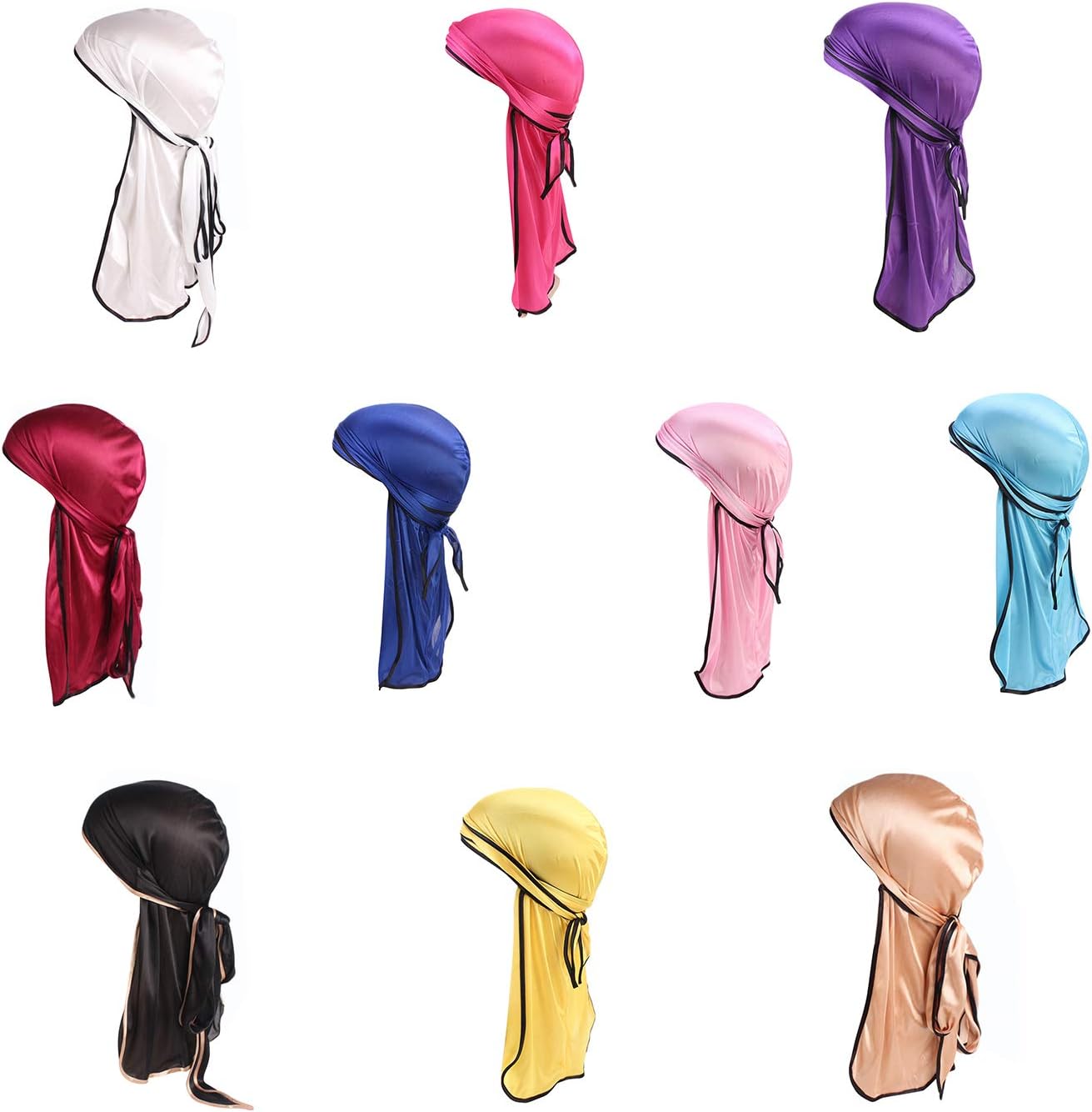 Boodtag 4-Pack Unisex Durag Long-Tail Head Wraps Silky Satin Pirate Cap Hair Loss Chemo Turban Headwraps