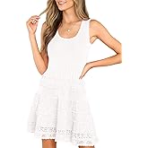 Fisoew Womens Summer Mini Dresses Casual Crewneck Knitted Crochet Hem Flowy Tank Sundress