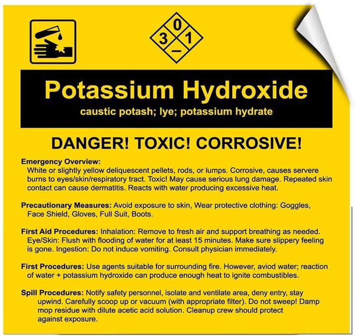 Label Decal Sticker Potassium Hydroxide Caustic Potash Lye Potassium Hydrate Durability Self Adhesive Decal Uv Protected & Weatherproof