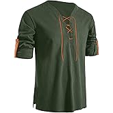 Men's Pure Cotton Shirt Retro Lace Up V-Neck Button Arm Shirts Medieval Viking Pirate Renaissance Costume