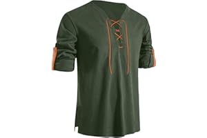 CTU Men's Pure Cotton Shirt Retro Lace Up V-Neck Button Arm Shirts Medieval Viking Pirate Renaissance Costume