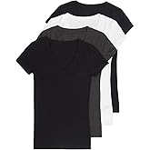 4 Pack Zenana Women's Basic V-Neck T-Shirts (Black/Black/White/Charcoal, Small)