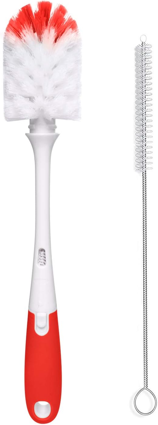 Little Lucky 2-in-1 Multi-Purpose Bottle Cleaning Brushes Kit (Bonus Teat Brush Stored in Handle) Long Flexible Handle Water Bottle Brush Cleaner for Cups Cleaning Brushes - Red