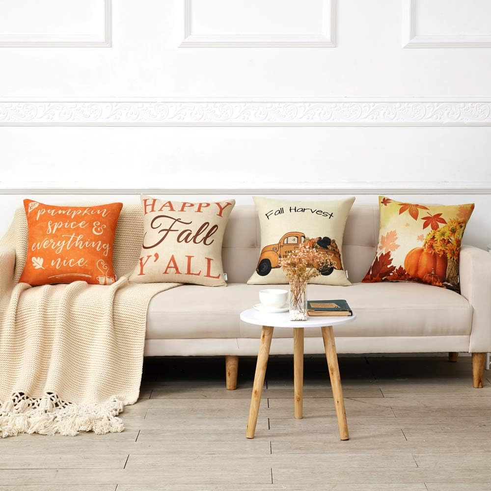 Fall Pillow Covers 18x18 Inch for Fall Decor Set of 4 Autumn Harvest Pumpkin Theme Farmhouse Decorative Throw Pillow Covers for Sofa Couch Home Decoration: Kitchen & Dining