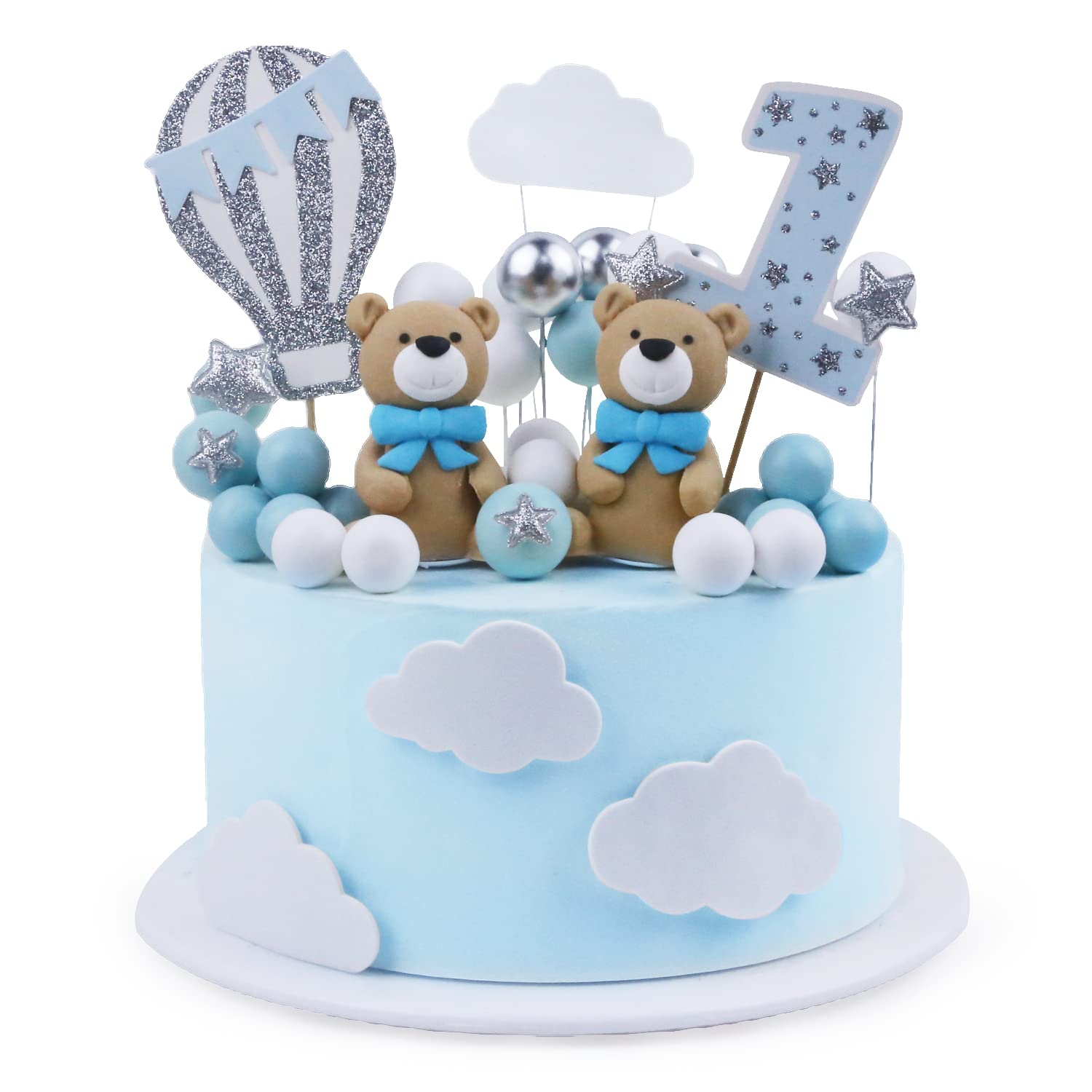 Photo 1 of BlingABC Bear Cake Topper 49Pcs,3D Twin Bears with Balls Clouds Glitter Stars Cake Decoration for Boy Birthday Baby Shower Teddy Bear Theme Party Supplies(Blue Bear)