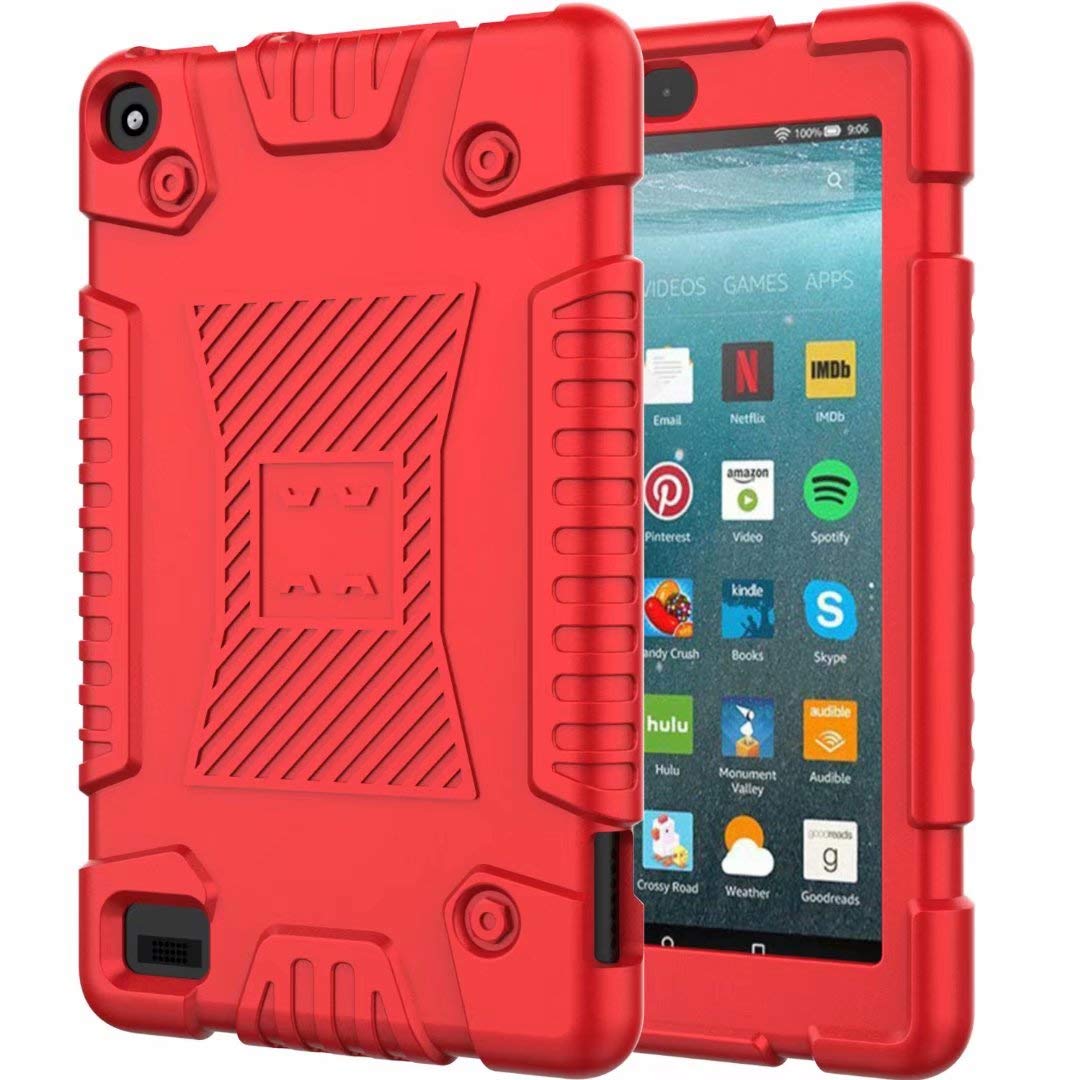 Lantier Heavy Duty Shock Skid Proof Kids Rugged Bumper Armor Protective Silicone Back Cover for Amazon All-New Kindle Fire 7 2019 Tablet, 9th Generation Fire 7" Display 2019 Release Red