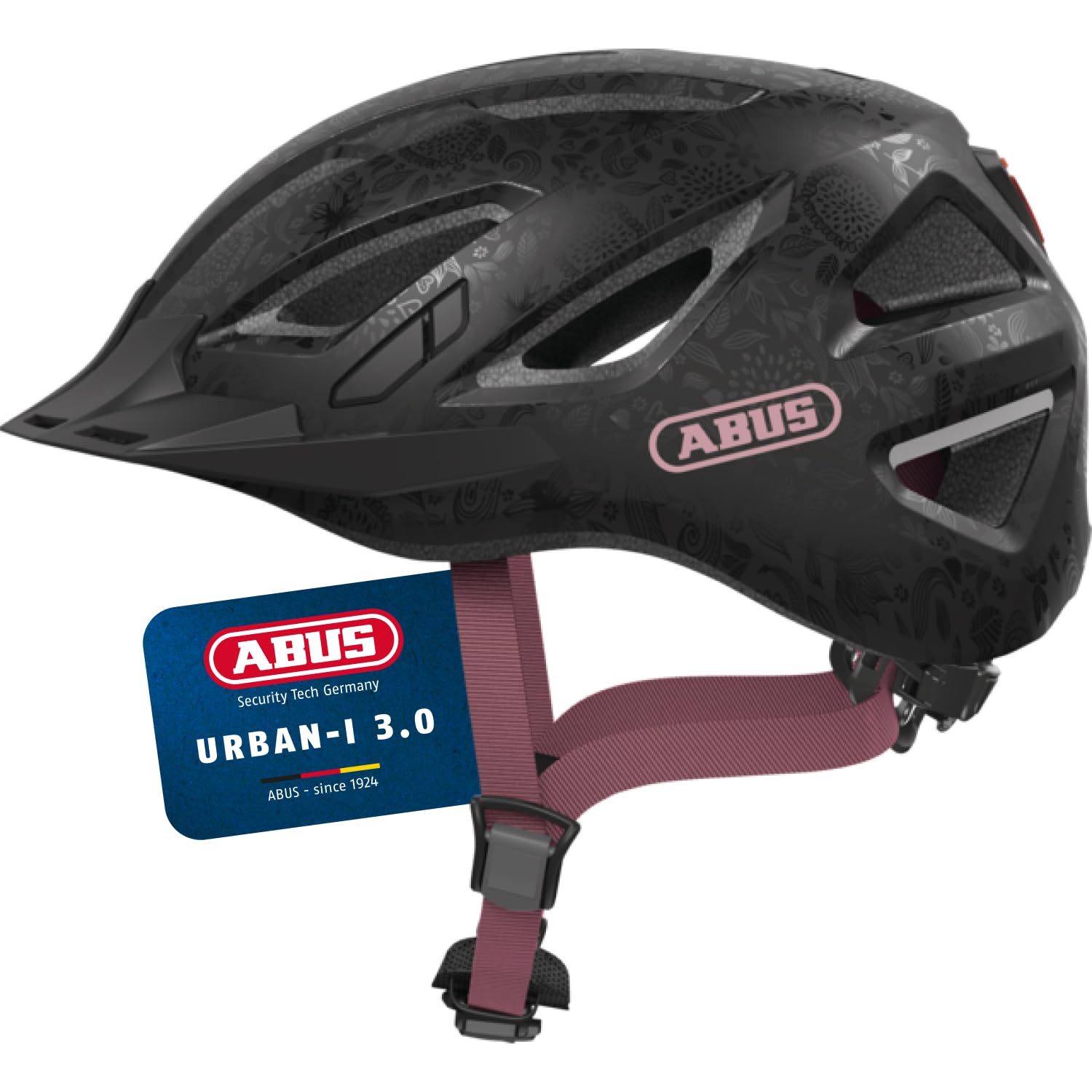ABUS Stadthelm Urban-I 3.0 - Fahrradhelm mit Rücklicht, Schirm und Magnetverschluss - für Damen und Herren - Schwarz mit floralem Muster, M (52-58 cm)