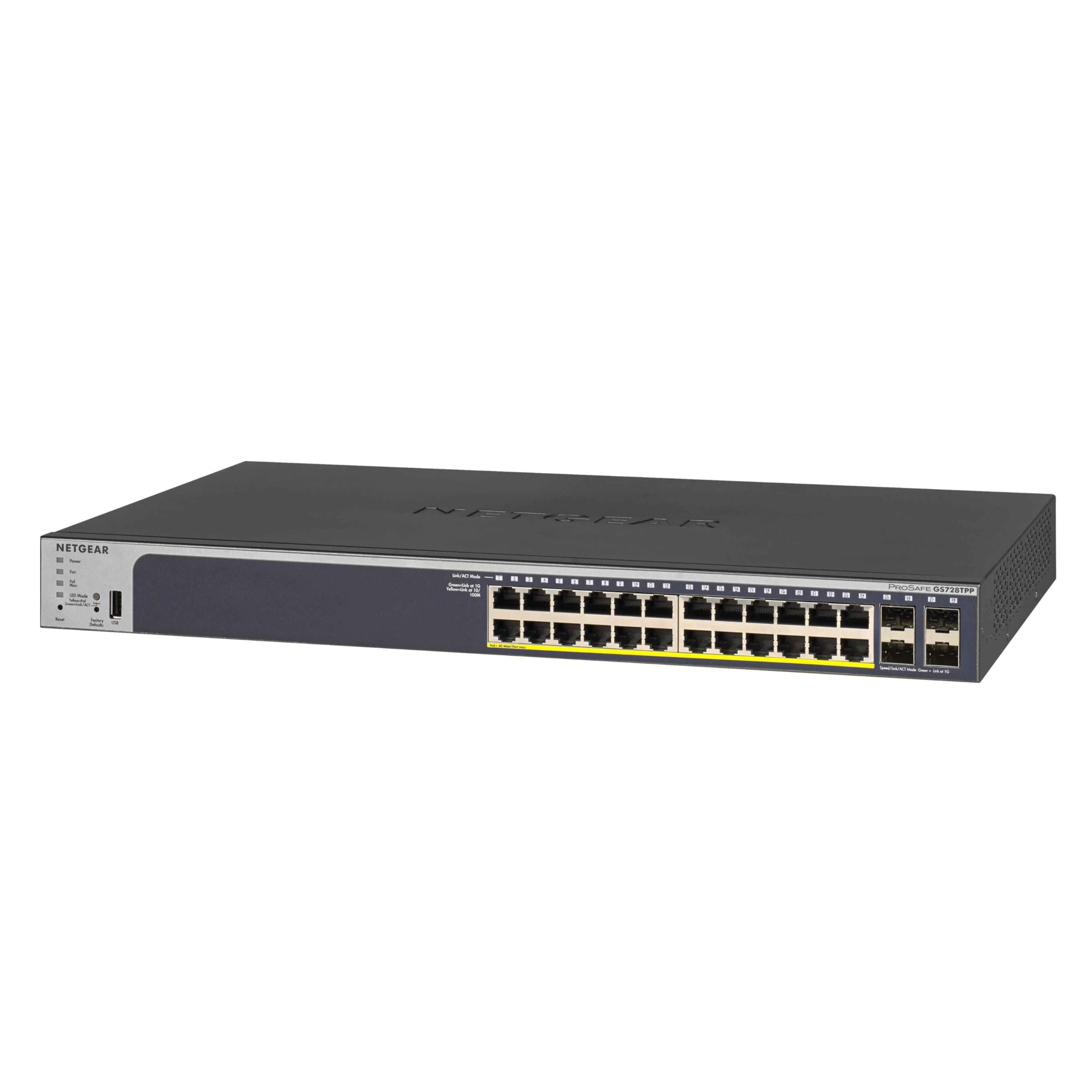 NETGEAR 28-Port PoE Gigabit Ethernet Smart Switch (GS728TPP) - Managed, Optional Insight Cloud Management, 24 x PoE+ @ 380W, 4 x 1G SFP, Desktop or Rackmount and Limited Lifetime Protection