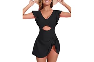 MFAVIP Women One Piece Swim Dress Tummy Control Swimsuits V Neck Ruffle Bathing Suit Cutout Wrap Side Tie Swimwear with Skirt