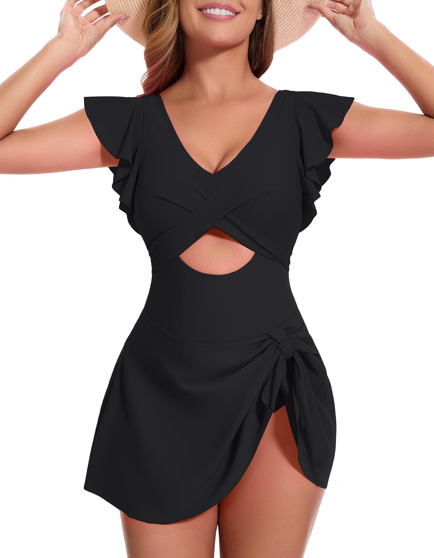 Photo 1 of MFAVIP Women One Piece Swim Dress Tummy Control Swimsuits V Neck Ruffle Bathing Suit Cutout Wrap Side Tie Swimwear with Skirt Black