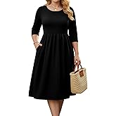 IN'VOLAND Women Plus Size 3/4 Sleeve Dresses Summer Casual Loose Flowy A-line Midi Dress with Pockets Vacation Boho Sundress