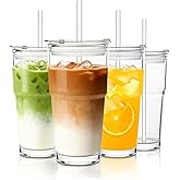 INSETLAN 20oz Glass Tumbler with Glass Straw and Lid, Set of 4 - Thickened Ice Coffee Cup, Glass Cup with Lid and Straw for Smoothie, Tea, Milk, Whiskey, Water and More – Elegant & Durable