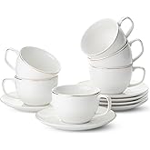 BTaT- Cappuccino Cups with Saucers 6 oz, Set of 6, White Porcelain Coffee Cup and Saucer Set for Latte with Golden Trim Design, Dishwasher Safe, Mocha, Tea, Au Lait, Flat White