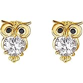 Dainty Owl Tiny Stud Earrings for Women Girls 925 Sterling Silver Cubic Zirconia Crystal Studs Cartilage Tragus Luck Post Pin Nickel Free Cute Animal Jewelry Birthday Holiday Gifts