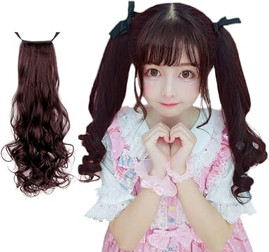 Amazon 風追い少女 ポニーテール ポイントウィッグ ロング カール 巻き髪 かつら レディース 部分ウィッグ 女性用 ツインテール ロリータ ふわふわ 耐熱 エクステ つけ毛 クリップ リボン付き 長さ45cm 55cm 1本セット ポイントウィッグ 通販