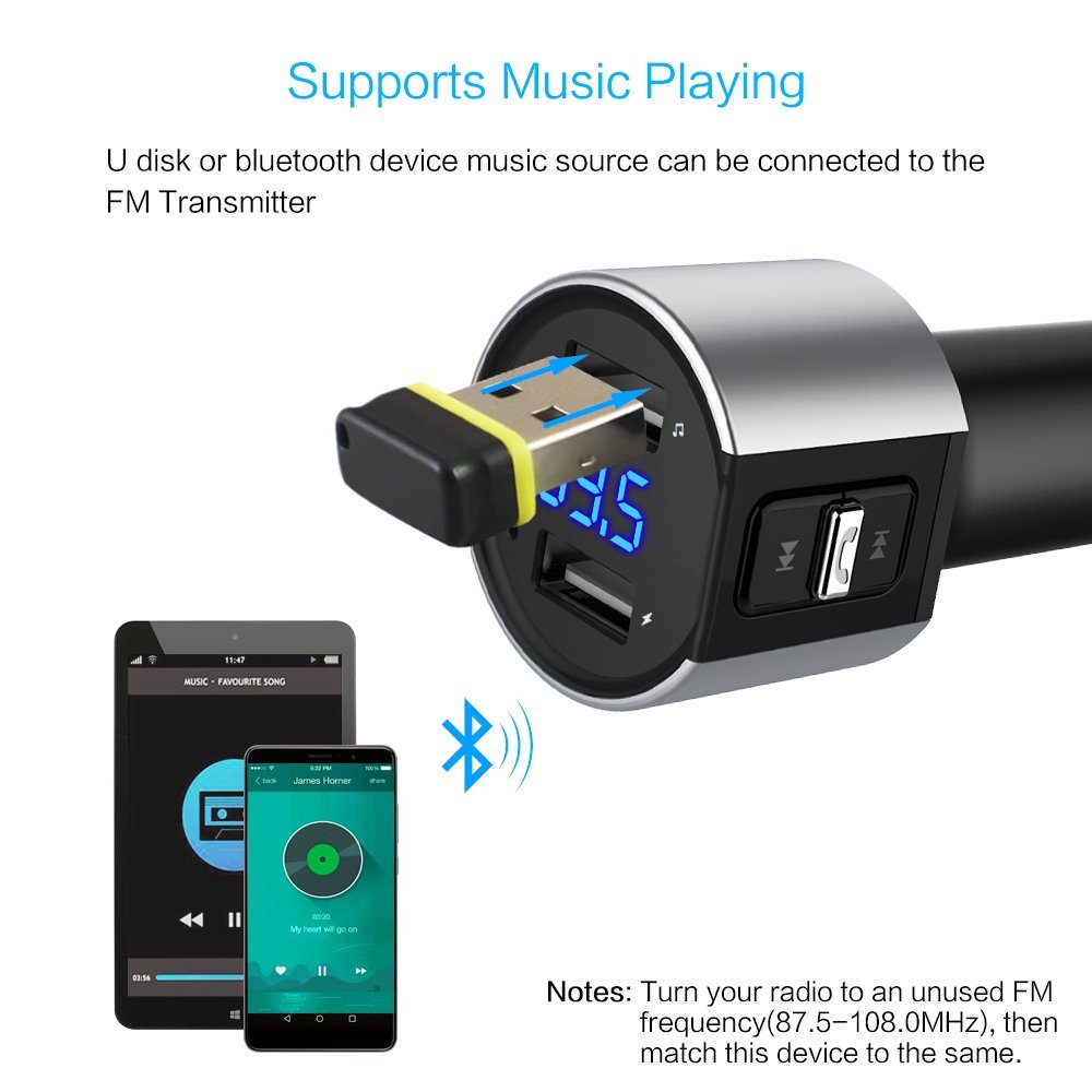 Car charger, BliGli Bluetooth FM Transmitter, BT Receiver with Microphone, Hands -free Calling, 3.4A Dual USB Ports for iPhone,Samsung and Android,Supports Call Number Announcement,Last Call Redial