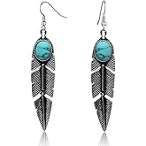 XZP Women's Created-Turquoise Earrings Bohemian Compressed-Turquoise Jewelry Mother Gifts Pendant Metal Tribal Feather Tibetan Dangle Drop Earrings for Women