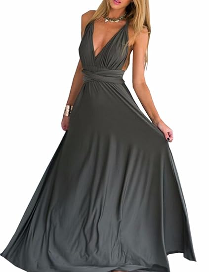 EMMA Damen Sexy Maxikleid Elgant V-Ausschnitt Rückenfrei Neckholde Gefaltet Plisse Abendkleider Ärmellos Schulterfrei Cocktai