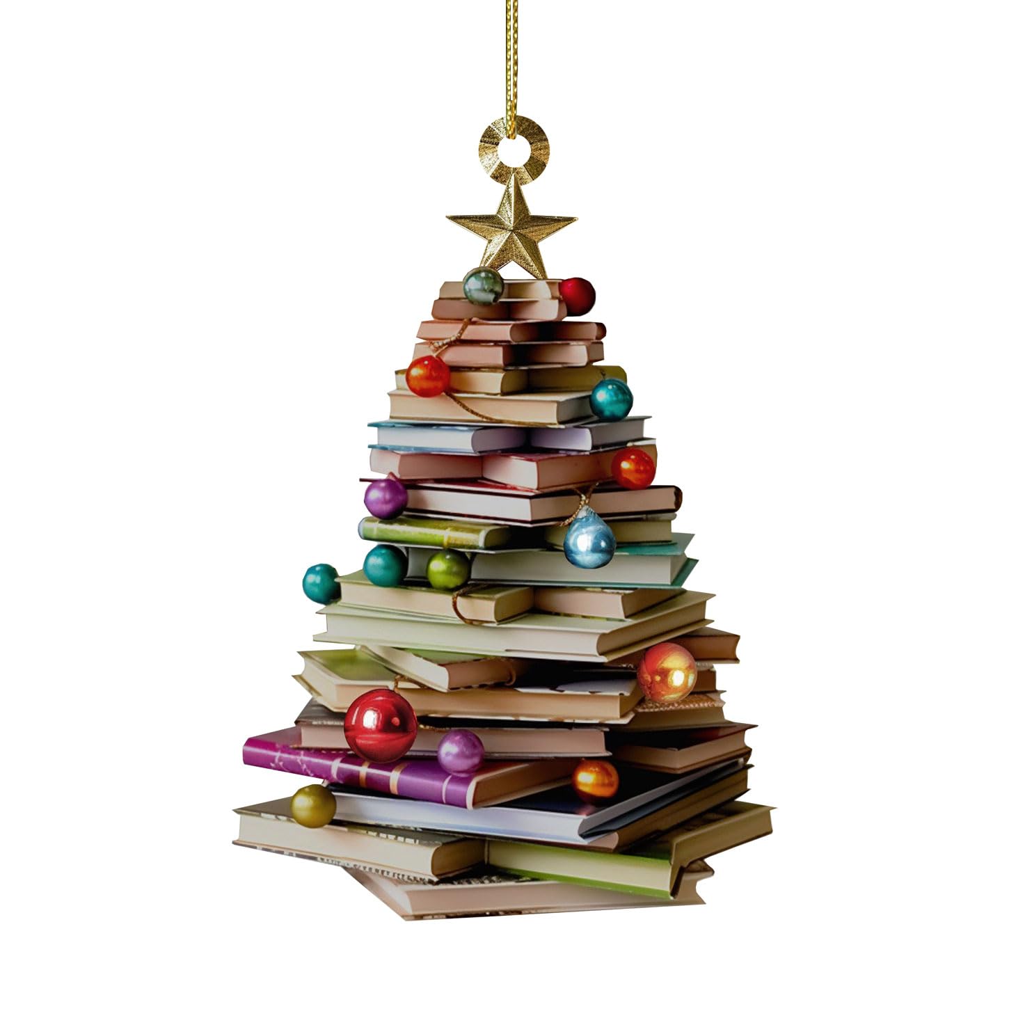 Photo 1 of Book Lover Christmas Tree Ornament, 2D Flat Book Stack Holiday Decor, Reading Theme Wood Ornament for Librarian, Teacher, Reader, Library Home Decoration, 5 Inch Hanging Accent (Not 3D) (Book)
