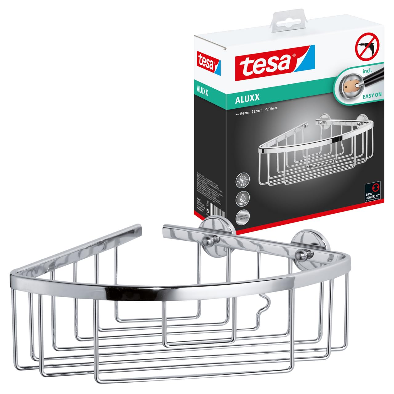 tesa Aluxx Shower Corner Shelf, high Gloss Chromed Aluminum, self-Adhesive, Adhesive mounting Technology, 92mm x 192mm x 200mm