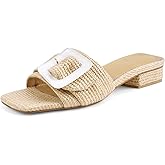 POYOIOR Women's Slide Heeled Sandals Opened Square Toe Chunky Block Heel Slippers with Buckle Slip on Casual Comfortable Pumps