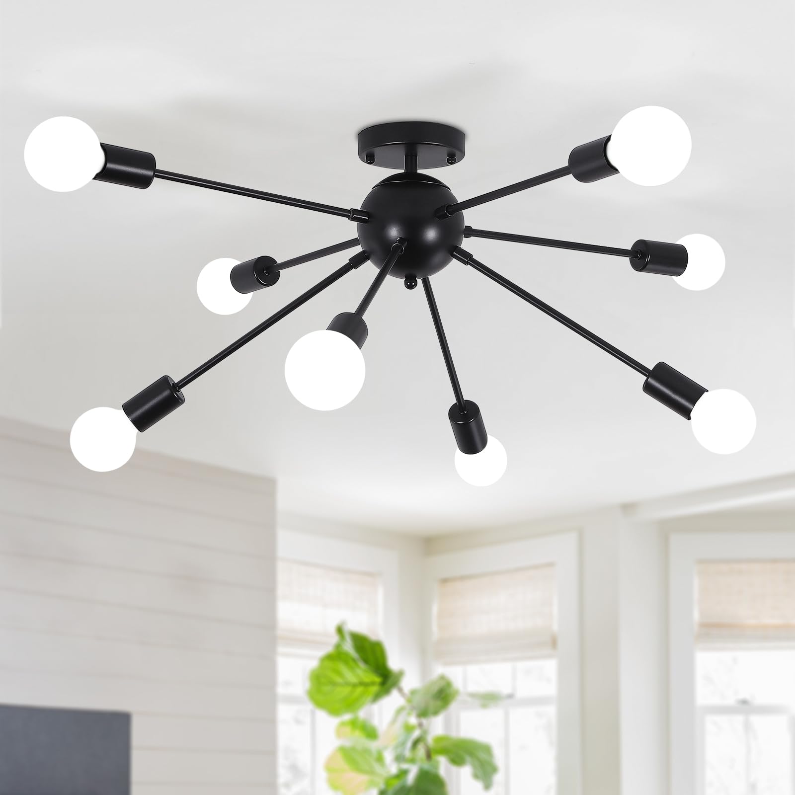 ASHUAQI Black Sputnik Ceiling Light - 8 Light Modern Industrial Semi Flush Mount Chandelier for Living Room, Kitchen, Bedroom, Hallway