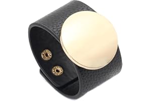 SHIMERITI Punk Rock Alloy Blank Circle Wide Pu Leather Adjustable Cuff Bracelet