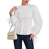 LYANER Women's Frill Mock Neck Shirred Ruffle Hem Puff Long Sleeve Blouse Top Shirt