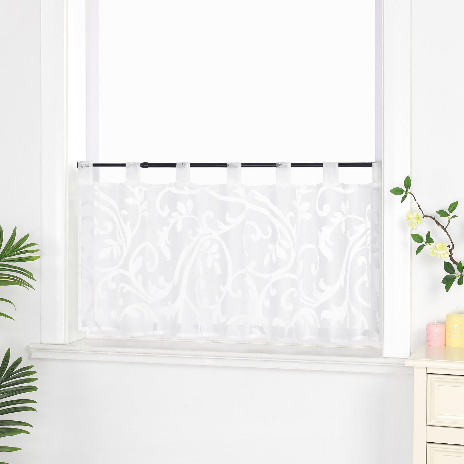 Joyswahl Net Curtain, Voile Bistro Curtains with Loops, Elisabeth Short Curtain, H x W 60 x 120 cm, White, Pack of 1