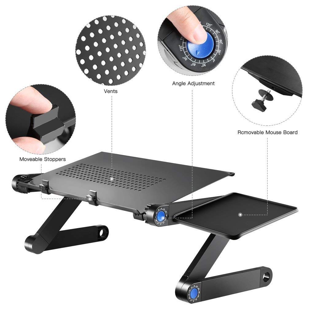 U-Kiss Laptop Stand Table Rotating 360 Folding Adjustable Laptop Desk Cooling Stand Mount Holder with Removable Mouse Pad, Stopper for Desk, Bed, Sofa, Black