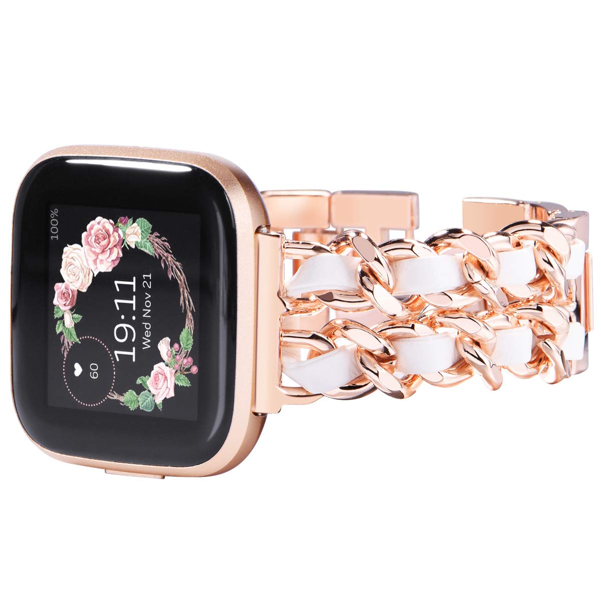 Wingle Compatible for Fitbit Versa 2 strap, Jewelry Bracelet Compatible with Fitbit versa Strap, Women bracelet for Versa Lite Edition Strap (Rose Gold Stainless Steel with White Leather)
