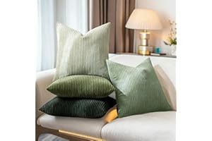 Set of 2 Boho Farmhouse Sage Green Throw Pillow Covers,18x18 Inches,Soft Corduroy Cushion Covers（Olive, Dark Green）