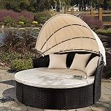 Devoko Round Daybed with Retractable Canopy & Washable Cushions, Wicker Rattan Furniture Sets, All-Weather Separated Seating Sofa for Outdoor Patio Lawn Garden Backyard Porch Pool (Beige)