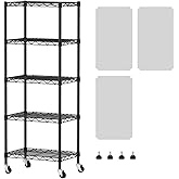 SINGAYE 5 Small Shelf Storage Wire Shelves Closet Bathroom Organizers Metal Pantry Kitchen Garage Shelving Unit Laundry Room Organization Home Narrow Rack Net Basket with Wheels Black