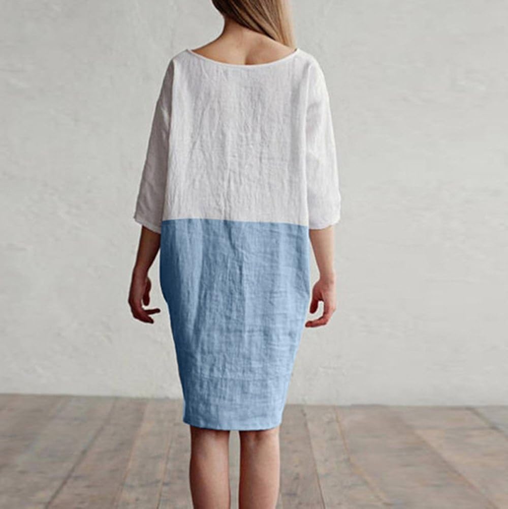 POTO Women Dresses, Loose Color Stitching Casual Dresses with Pockets Cotton Linen Tunic Dress Party Dress Beach Dress