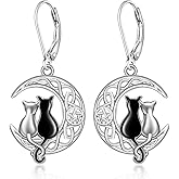 Cat Earrings Black Cat Earrings for Women Crescent Moon Celtic Knot Cute Black and White Cat Matching Sterling Silver Pentagram Pentacle Earrings Halloween Lover Gifts Jewelry