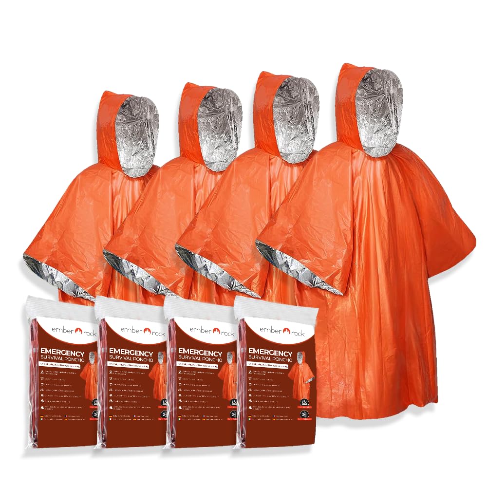 Ember Rock Emergency Survival Rain Poncho - 4 Pack Thermal Mylar Foil Blanket - Reversible Waterproof Heat Retention Rain Protection - Bushcraft Outdoor Gear