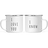 Andaz Press Stainless Steel Campfire Coffee Mugs Gift Set, I Love You., I Know., 2-Pack, Funny Cute Couple Gift Ideas, Metal Enamel Campfire Camp Cup, includes gift box